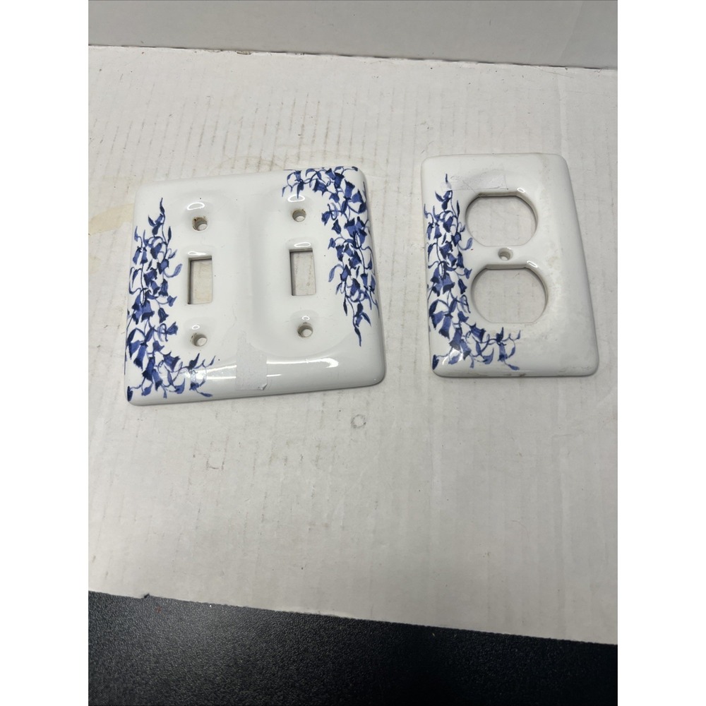 2 Vtg White Blue Floral Ceramic Porcelain Plug & Light Switch Wall Plate Cover